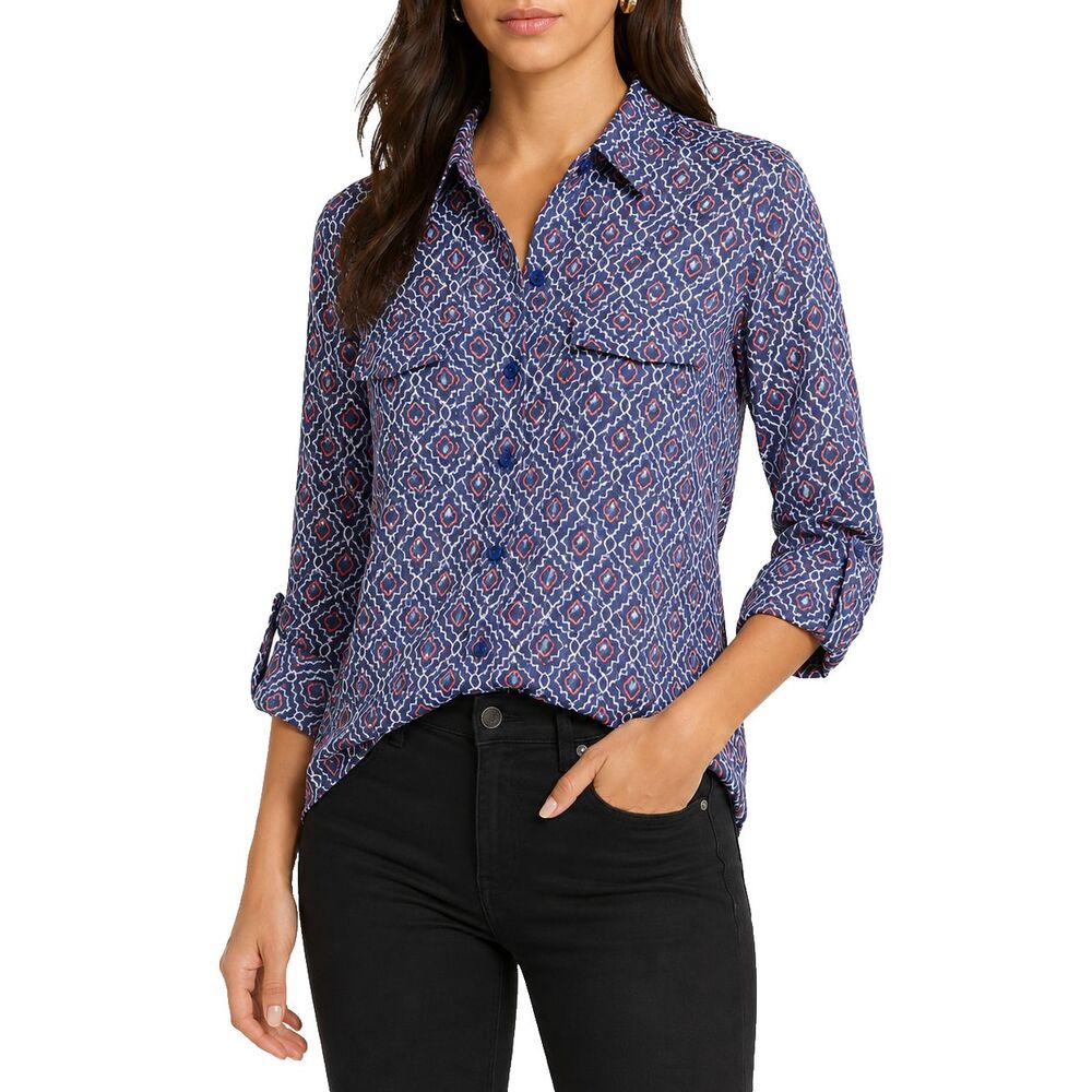 Express City Womens Shirt XS Blue Geometric Button Up Roll Tab Sleeve Blouse